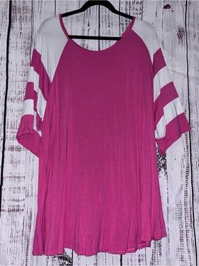 Women’s Fuchsia Raglan Tunic with White Striped Sleeves